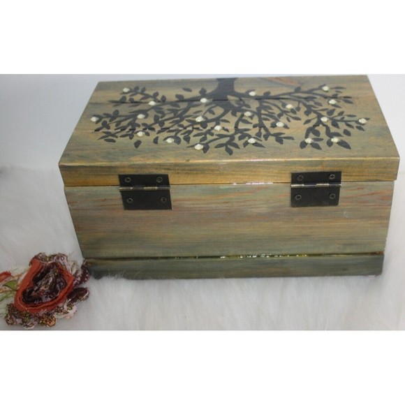 Tree Of Life Wooden Memory Box Handmade Rhinestone Embellished Stained GUC - Picture 7 of 10